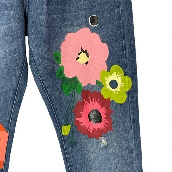 Misslook Floral Blue Jeans Straight Leg High Waist - Picture 7 of 8